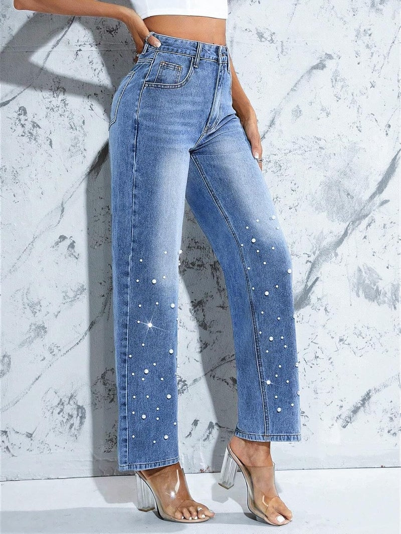 LifeShe Pearl Jeans for Women High Waisted Straight Wide Leg Denim Pants Casual Baggy Boyfriend Trousers Dark Blue - Image 4