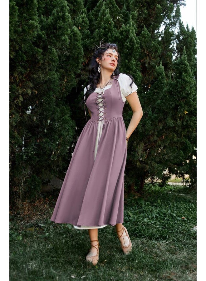 Scarlet Darkness Renaissance Costume Women Corset Fairy Medieval Dresses Plus Size Short Sleeve Peasant Dresses Light Purple 2XL - Image 2