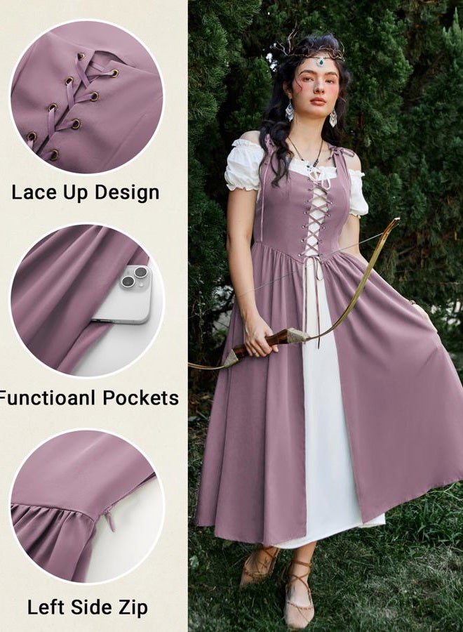 Scarlet Darkness Renaissance Costume Women Corset Fairy Medieval Dresses Plus Size Short Sleeve Peasant Dresses Light Purple 2XL - Image 4