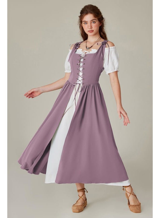 Scarlet Darkness Renaissance Costume Women Corset Fairy Medieval Dresses Plus Size Short Sleeve Peasant Dresses Light Purple 2XL - Image 5