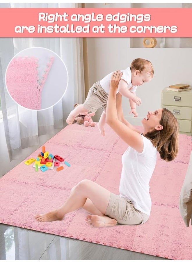 ANPHSIN 12 pcs Thickened Plush Foam Interlocking Floor Mats, Foam Mats for Floor Baby with Edgings, Soft Anti-Slip Puzzle Area Rug Playmat, Square Foam Tiles for Room Flat (11.8", Pink) - Image 1