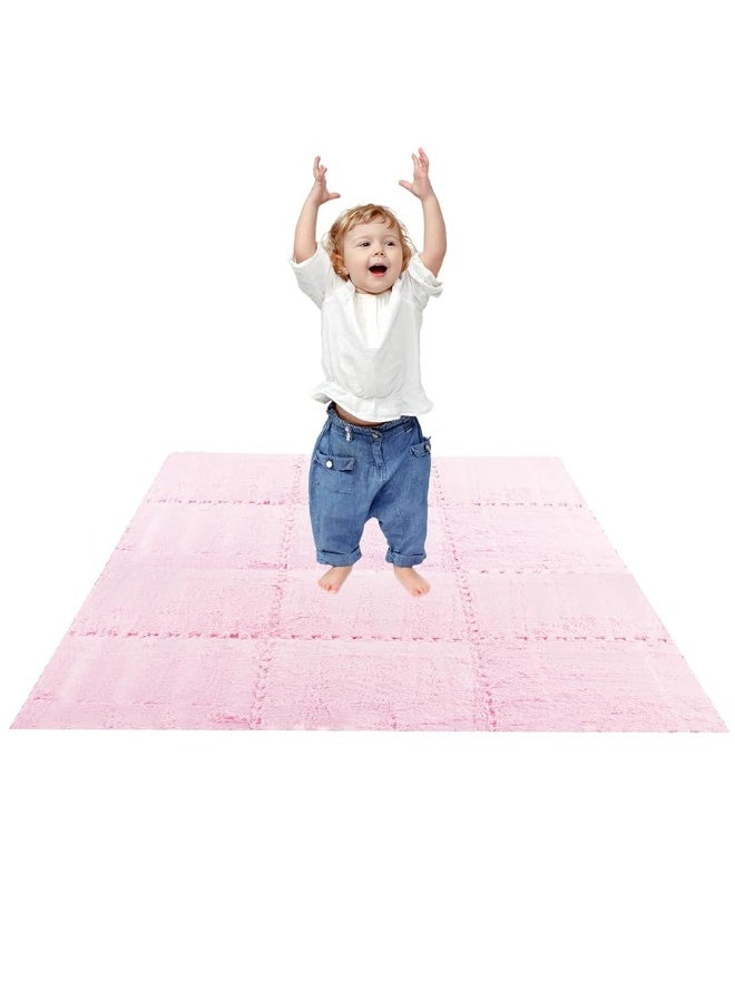 ANPHSIN 12 pcs Thickened Plush Foam Interlocking Floor Mats, Foam Mats for Floor Baby with Edgings, Soft Anti-Slip Puzzle Area Rug Playmat, Square Foam Tiles for Room Flat (11.8", Pink) - Image 3