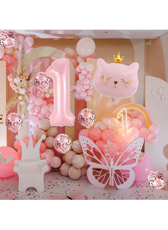 Wffo Cat Birthday Decorations - Cat Balloons - Pink 1 Balloon Number 40 inch - Cat Themed Birthday Party Decorations - One Balloons for 1st Birthday Decorations Girl - Image 5