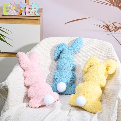 Xiangqu 3 Pcs Easter Buuny Throw Pillows, 11.8 Inch Soft Rabbit Shaped Pillow Cushion Plush Happy Easter Decorative Pillow for Couch Bed (Pink, Yellow, Blue) - Image 1