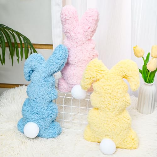 Xiangqu 3 Pcs Easter Buuny Throw Pillows, 11.8 Inch Soft Rabbit Shaped Pillow Cushion Plush Happy Easter Decorative Pillow for Couch Bed (Pink, Yellow, Blue) - Image 5