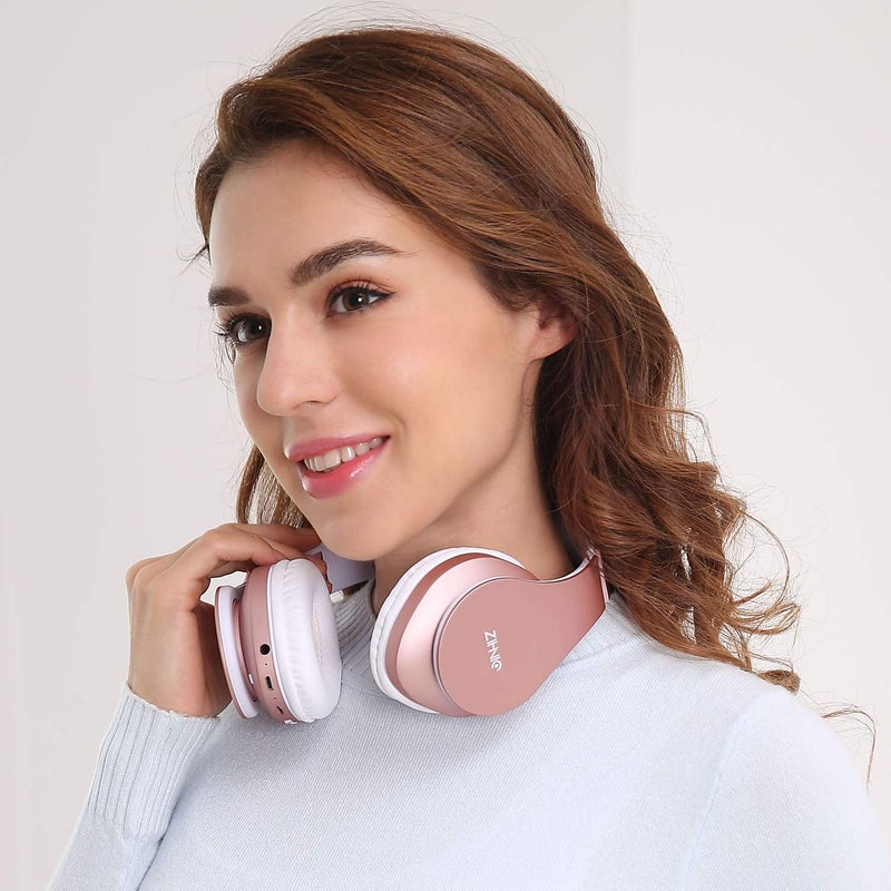 ZIHNIC سماعات زينك بلوتوث فوق الأذن، قابلة للطي، سماعة ستيريو لاسلكية وسلكية مع بطاقة ميكرو SD/TF، راديو FM للهاتف المحمول، الكمبيوتر، وسائد أذن ناعمة ووزن خفيف للاستخدام المطول (ذهبي وردي) - Image 2