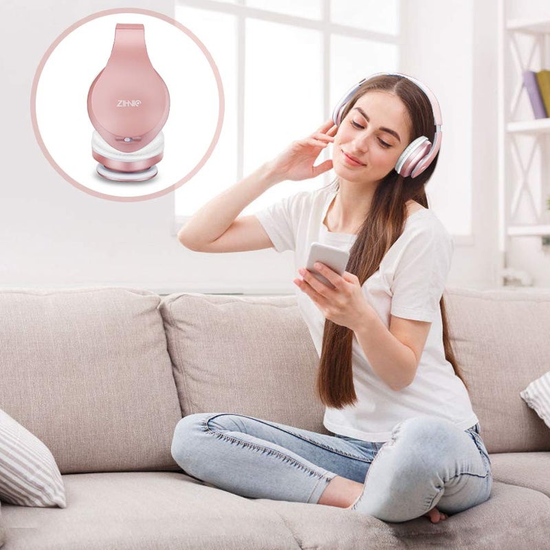 ZIHNIC سماعات زينك بلوتوث فوق الأذن، قابلة للطي، سماعة ستيريو لاسلكية وسلكية مع بطاقة ميكرو SD/TF، راديو FM للهاتف المحمول، الكمبيوتر، وسائد أذن ناعمة ووزن خفيف للاستخدام المطول (ذهبي وردي) - Image 3