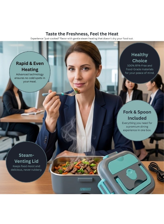 FLYZEO Electric Lunch Box 1.8L - 3-in-1 Food Warmer for Car, Truck & Home (12V/24V/110V-220V) | Leak-Proof Portable Heated Lunch Box with Removable Stainless Steel Container, Fork & Spoon included - Grey & Teal - Image 5