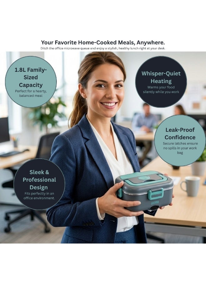 FLYZEO Electric Lunch Box 1.8L - 3-in-1 Food Warmer for Car, Truck & Home (12V/24V/110V-220V) | Leak-Proof Portable Heated Lunch Box with Removable Stainless Steel Container, Fork & Spoon included - Grey & Teal - Image 2