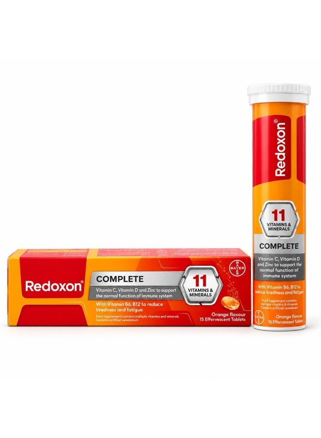 Redoxon Complete 11 Vitamins & Minerals Effervescent Tablets with Vitamin C, D, Zinc, B6 & B12 | Immune Support and Reduced Tiredness & Fatigue | Orange Flavor | 15 Tablets - Image 1