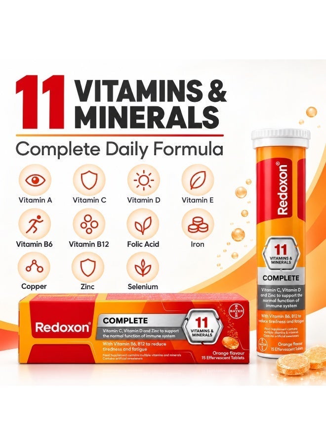 Redoxon Complete 11 Vitamins & Minerals Effervescent Tablets with Vitamin C, D, Zinc, B6 & B12 | Immune Support and Reduced Tiredness & Fatigue | Orange Flavor | 15 Tablets - Image 2