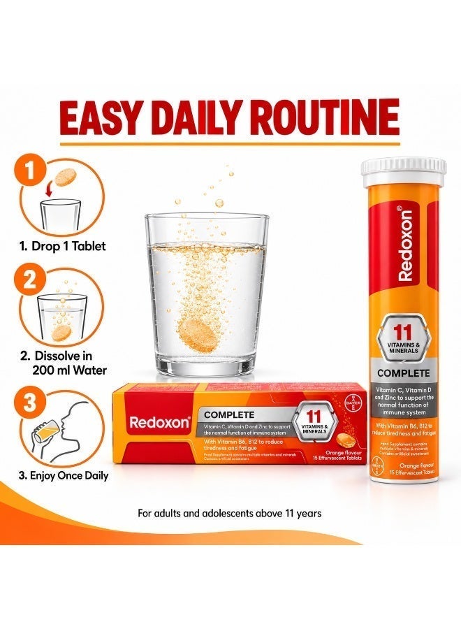 Redoxon Complete 11 Vitamins & Minerals Effervescent Tablets with Vitamin C, D, Zinc, B6 & B12 | Immune Support and Reduced Tiredness & Fatigue | Orange Flavor | 15 Tablets - Image 3