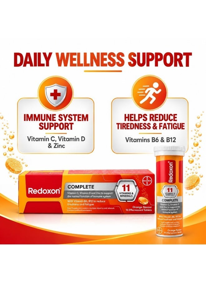 Redoxon Complete 11 Vitamins & Minerals Effervescent Tablets with Vitamin C, D, Zinc, B6 & B12 | Immune Support and Reduced Tiredness & Fatigue | Orange Flavor | 15 Tablets - Image 4