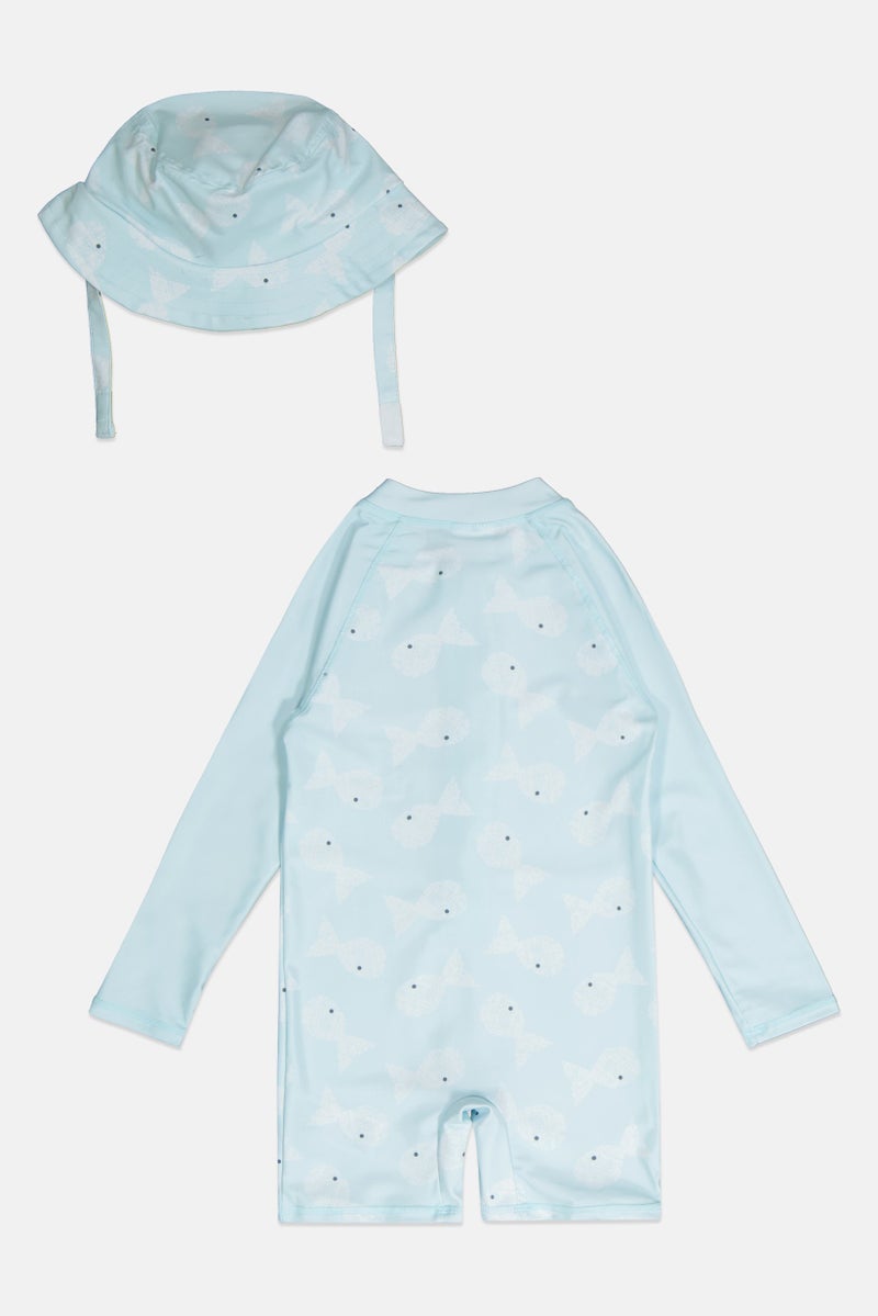 L&J Swim Club Toddlers Boy 2 Pieces Allover Print Rash Guard With Bucket Hat Set, Multicolor - Image 2