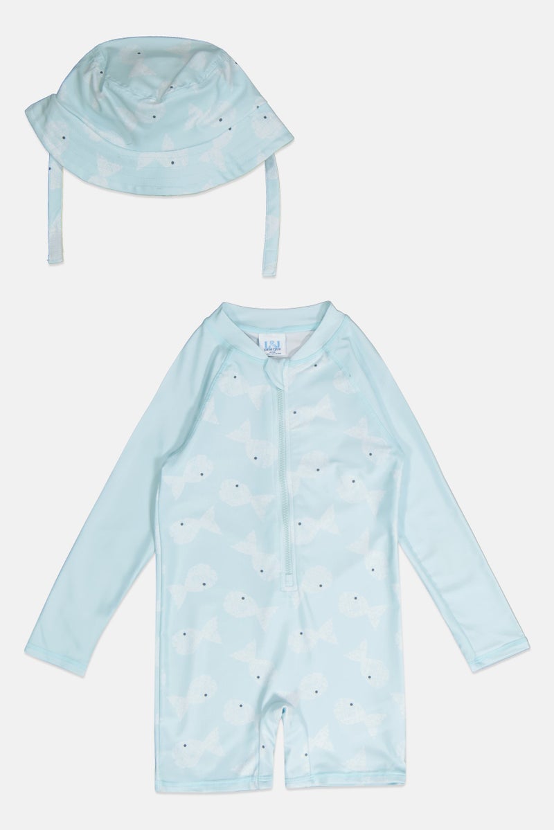 L&J Swim Club Toddlers Boy 2 Pieces Allover Print Rash Guard With Bucket Hat Set, Multicolor - Image 1