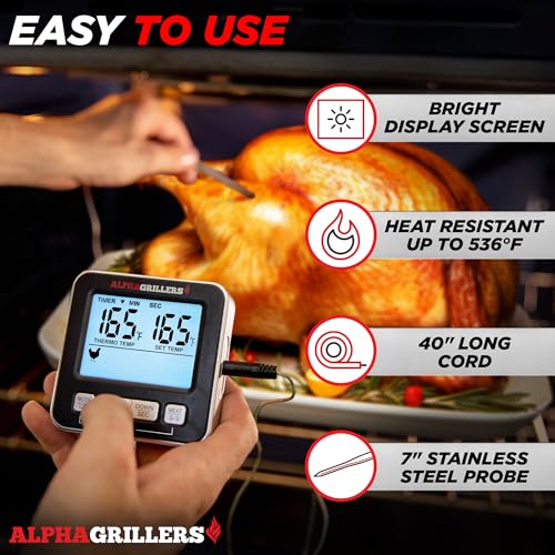 Alpha Grillers Turkey Thermometer - Digital Meat Thermometer with Electric Oven Safe Wired Leave-in Probe for Cooking & Roasting - Large Display with 7 Preset Temp Alerts, Timer & Alarm - Image 2