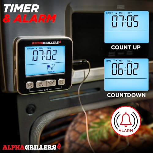 Alpha Grillers Turkey Thermometer - Digital Meat Thermometer with Electric Oven Safe Wired Leave-in Probe for Cooking & Roasting - Large Display with 7 Preset Temp Alerts, Timer & Alarm - Image 5
