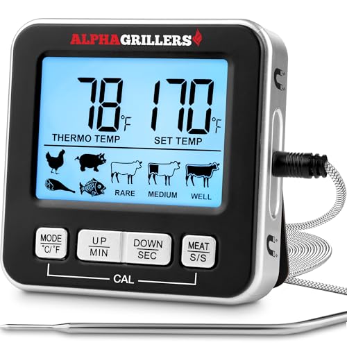 Alpha Grillers Turkey Thermometer - Digital Meat Thermometer with Electric Oven Safe Wired Leave-in Probe for Cooking & Roasting - Large Display with 7 Preset Temp Alerts, Timer & Alarm - Image 1