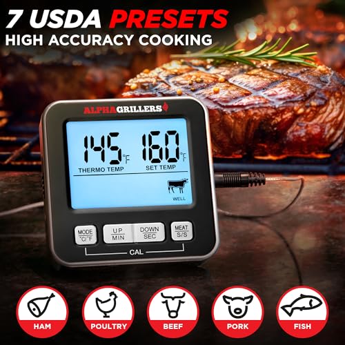 Alpha Grillers Turkey Thermometer - Digital Meat Thermometer with Electric Oven Safe Wired Leave-in Probe for Cooking & Roasting - Large Display with 7 Preset Temp Alerts, Timer & Alarm - Image 3