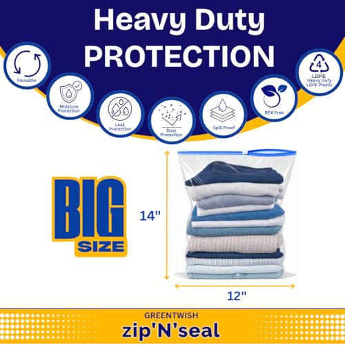 GREENTWISH Zip 'N' Seal Reusable Transparent Storage Bag with Slider Zip Lock, Organiser for Clothes, Shoes, Garment, Home and Travel, Space Saver Plastic Zipper Bag | Big Size (12x14 Inch) | 20 Bags - Image 2