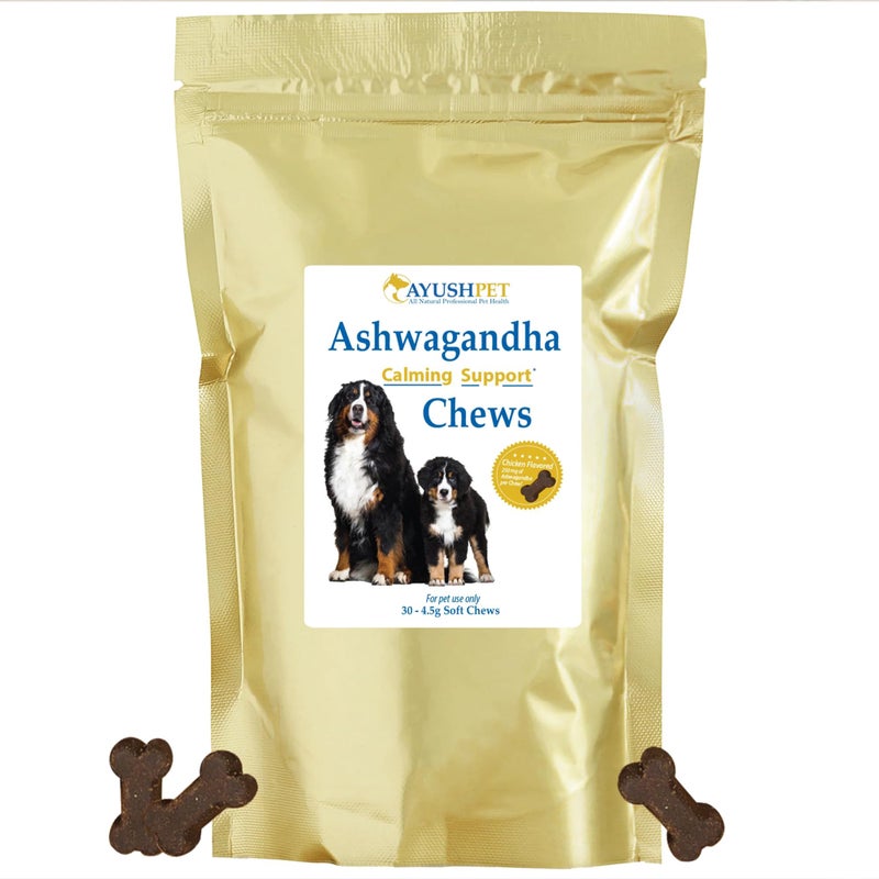 Ayush Herbs Ayush Pets Ashwagandha Chews - Calming Supplement for Dogs & Cats, Calming Chew Treats for Stress Support, Natural Way to Relax, Chicken Flavor - 30 Soft Chews - Image 1