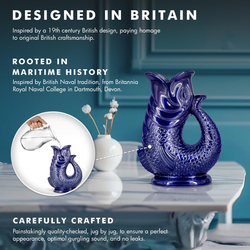 Bubble Jug Gurgle Glug Jug The Bubble JugÂ® Dark Cobalt Blue 50 fl oz 1.5L Litre Extra Large Pitcher - Fish Shaped Jug - Decorative Ceramic Glugging Cocktail, Water and Gin Vase and Gurgling Carafe Pot - Image 4
