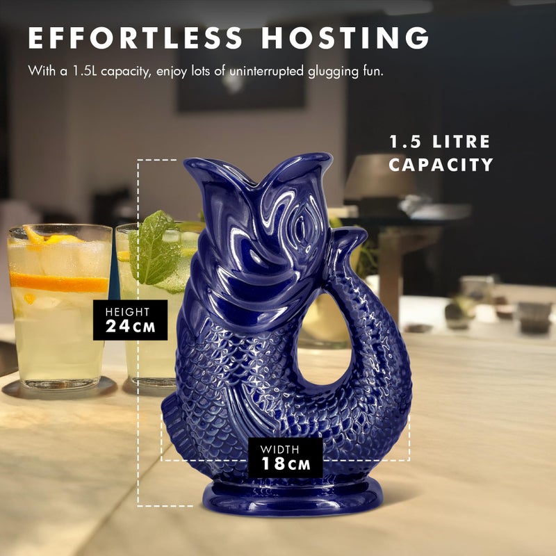 Bubble Jug Gurgle Glug Jug The Bubble JugÂ® Dark Cobalt Blue 50 fl oz 1.5L Litre Extra Large Pitcher - Fish Shaped Jug - Decorative Ceramic Glugging Cocktail, Water and Gin Vase and Gurgling Carafe Pot - Image 5