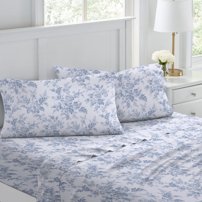 Laura Ashley  King Sheet Set Cotton Flannel Bedding Brushed for Extra Softness  Comfort Vanessa Blue King