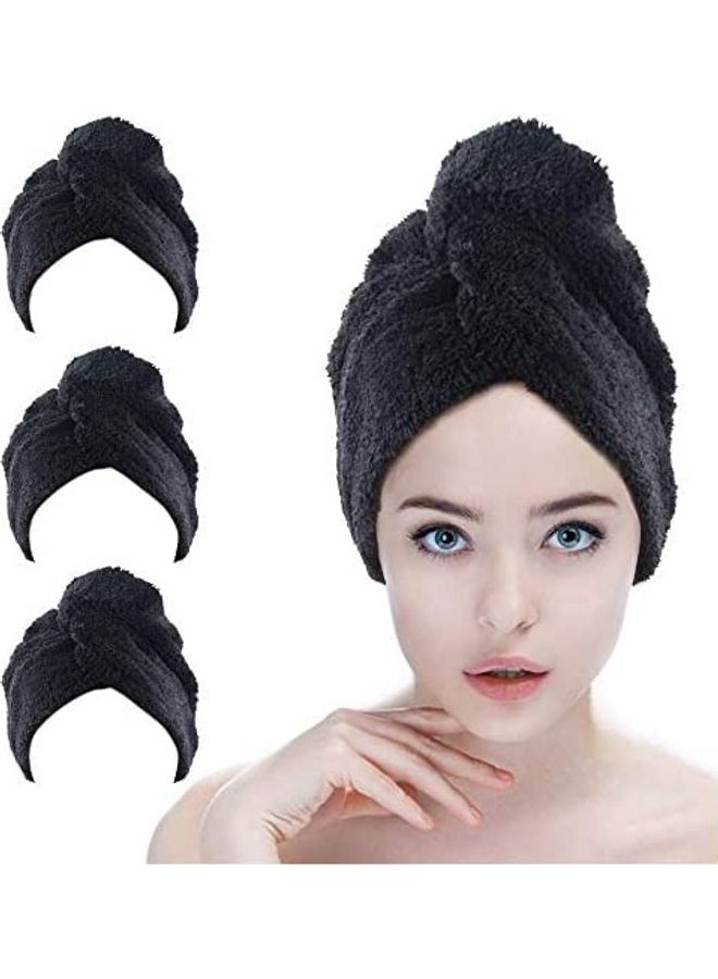 3-Piece Turban Twist Hair Drying Cap Wrap Towels Set Black 8.9inch