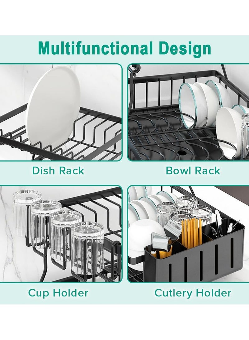 Cuken Dish Racks for Kitchen Counter, 2 Layer Dish Rack with Drain Board and Swivel Spout, Stainless Steel  Kitchen Drying Rack (Black) - Image 2