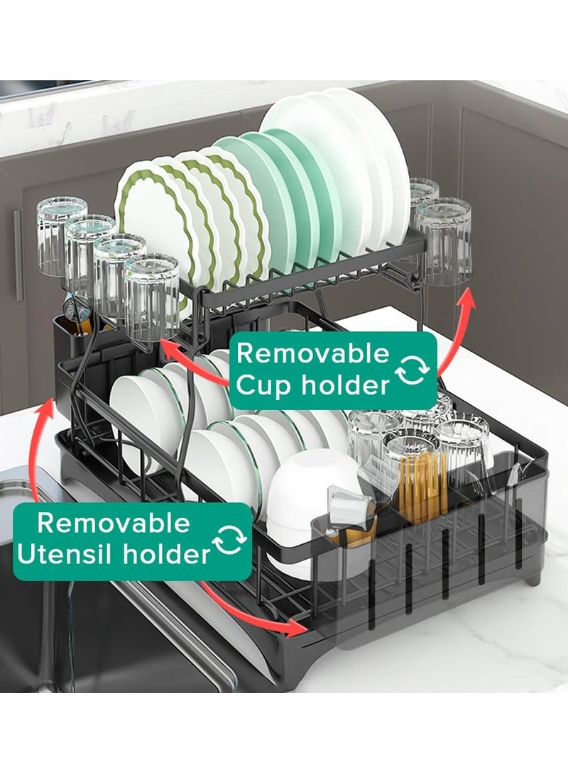 Cuken Dish Racks for Kitchen Counter, 2 Layer Dish Rack with Drain Board and Swivel Spout, Stainless Steel  Kitchen Drying Rack (Black) - Image 3