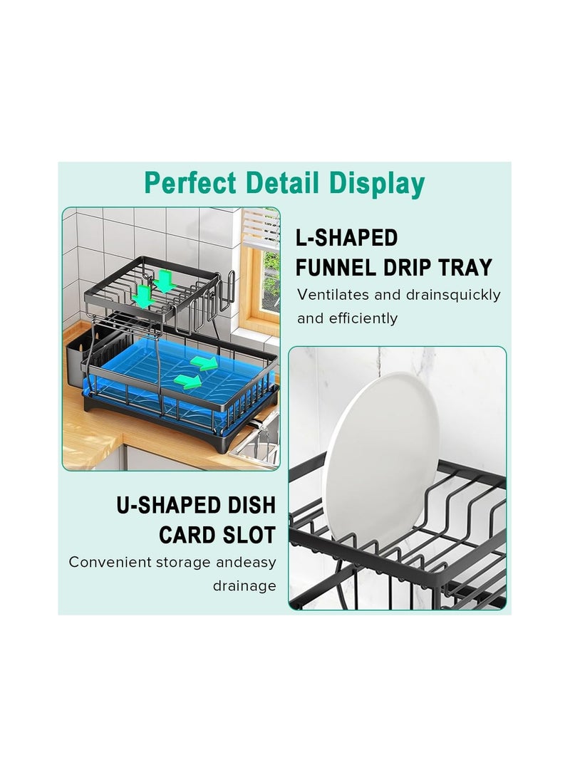 Cuken Dish Racks for Kitchen Counter, 2 Layer Dish Rack with Drain Board and Swivel Spout, Stainless Steel  Kitchen Drying Rack (Black) - Image 5