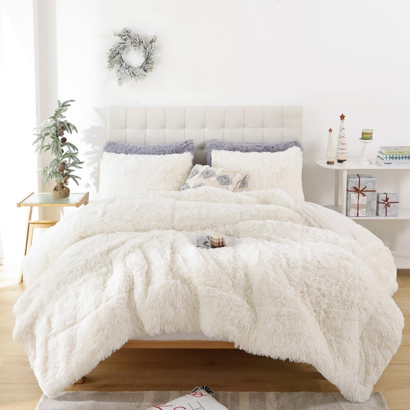Smoofy Fluffy Full Size Comforter Set, Faux Fur Comforter Set, Luxury Fuzzy Bedding Set, Soft Shaggy Full Bed Set for All Season, 3 Pieces - 1 Comforter & 2 Pillowcases, Beige - Image 2