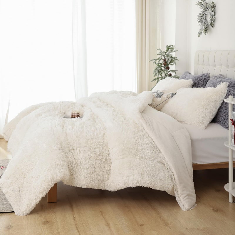 Smoofy Fluffy Full Size Comforter Set, Faux Fur Comforter Set, Luxury Fuzzy Bedding Set, Soft Shaggy Full Bed Set for All Season, 3 Pieces - 1 Comforter & 2 Pillowcases, Beige - Image 4