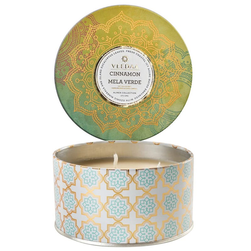 VEEDAA Cinnamon Mela Verde Soy Wax 3 Wick Tin Scented Candle Burns 40 Hours - Image 1