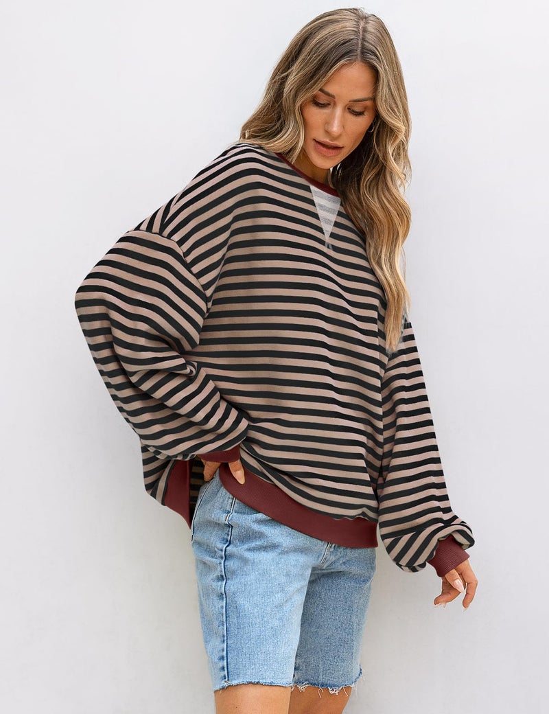 UEU Women’s Oversized Sweatshirt Long Sleeve Crewneck Pollover Tunic Tops Casual Striped Shirt Black Coffee Striped Large - Image 4