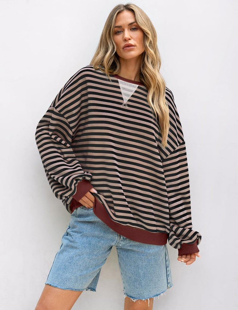 UEU Women’s Oversized Sweatshirt Long Sleeve Crewneck Pollover Tunic Tops Casual Striped Shirt Black Coffee Striped Large - Image 2