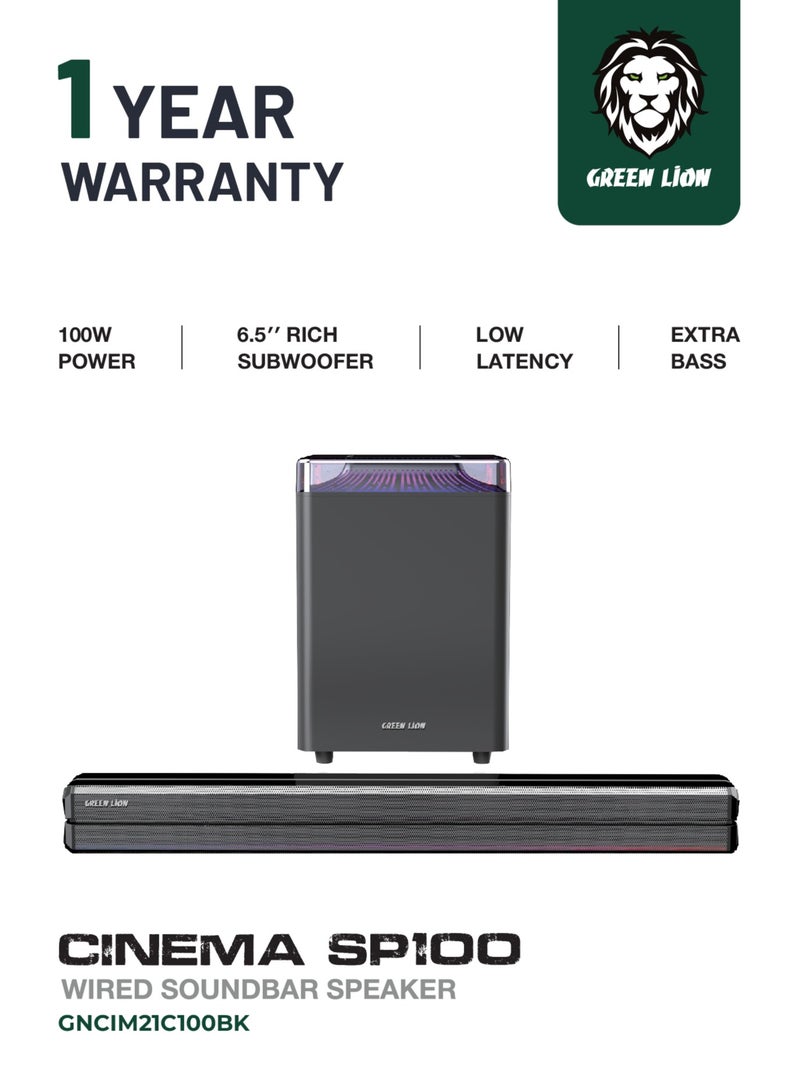 GREEN LION Cinema SP100 Wired Soundbar 2.1 Channel with Quad 2.5 inch Speaker & 6.5 inch Subwoofer / 100W Rated Power / Sound System / Home Theater Sound Bar / Bluetooth V5.0 / Remote Control Included - Black - Image 1