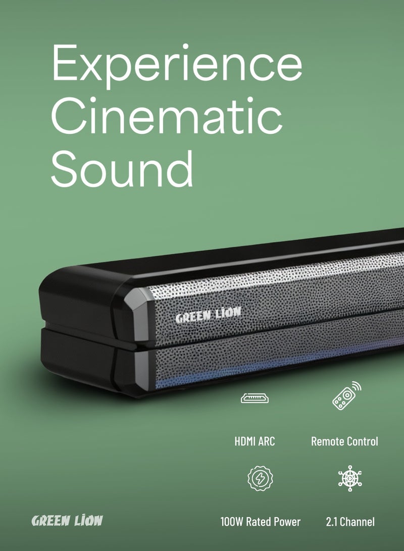 GREEN LION Cinema SP100 Wired Soundbar 2.1 Channel with Quad 2.5 inch Speaker & 6.5 inch Subwoofer / 100W Rated Power / Sound System / Home Theater Sound Bar / Bluetooth V5.0 / Remote Control Included - Black - Image 2