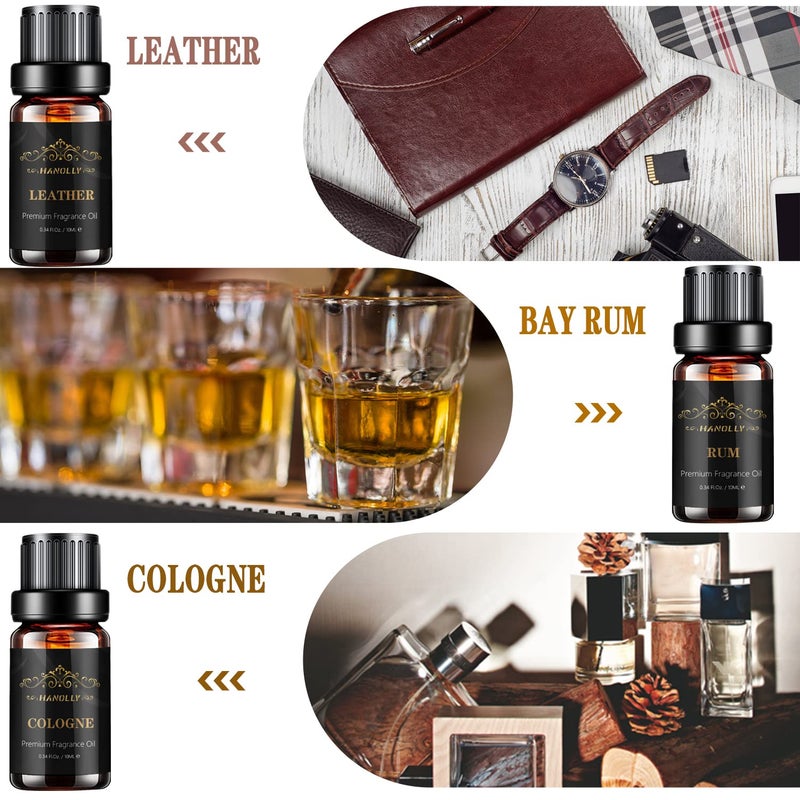 Hanolly Essential Oils Set, Men Scents Fragrance Oil Aromatherapy Essential Oils Kit for Diffuser (6x10ML) - Sandalwood, Cedar, Leather, Sweet Tobacco, Rum, Cologne Aromatherapy Oils for Men, Gift for Men - Image 3