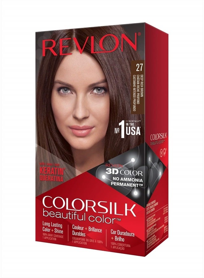 Revlon Permanent Hair Color, Permanent Hair Dye, Colorsilk with 100% Gray Coverage, Ammonia-Free, Keratin and Amino Acids, 27 Deep Rich Brown, 4.4 Oz (Pack of 1) - Image 1