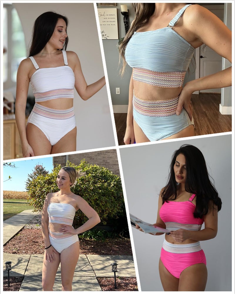 Talisea High Waisted Bandeau Bikini Set - Women Strapless Two Piece Swimsuits Ribbed Longline Full Coverage Bathing Suits Swimwear - Image 5