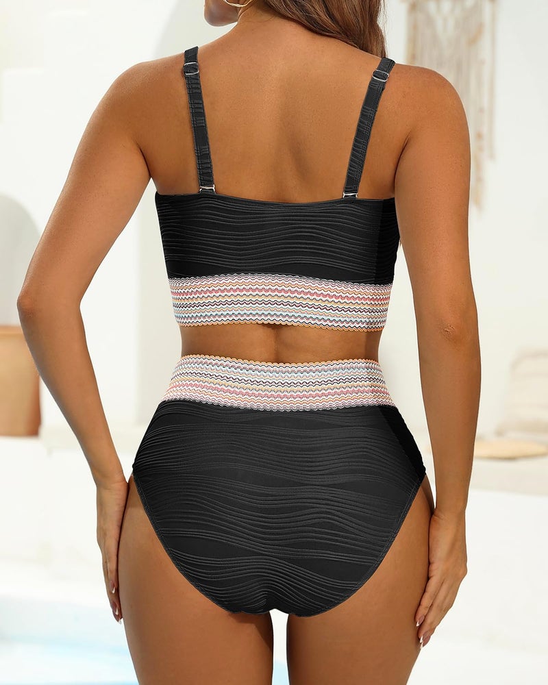 Talisea High Waisted Bandeau Bikini Set - Women Strapless Two Piece Swimsuits Ribbed Longline Full Coverage Bathing Suits Swimwear - Image 3