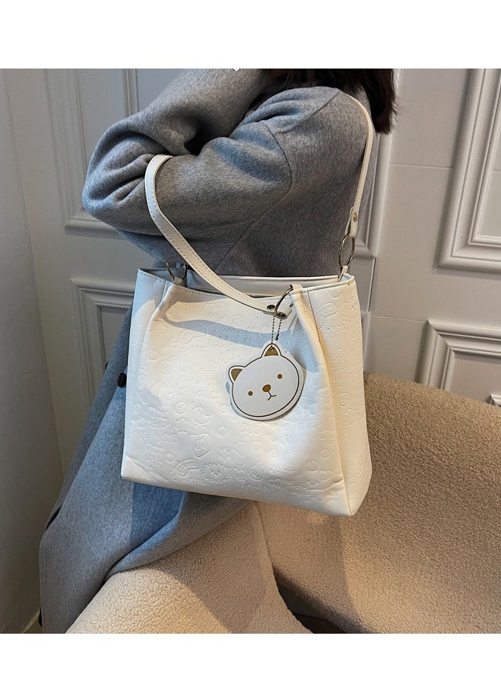 Generic Women's One Shoulder Tote Bag Imitation Leather Handbag Women's Large Capacity Bucket Bag Fashion Travel Messenger Shoulder Bag Suitable for Girls College Students (White)  - Image 3