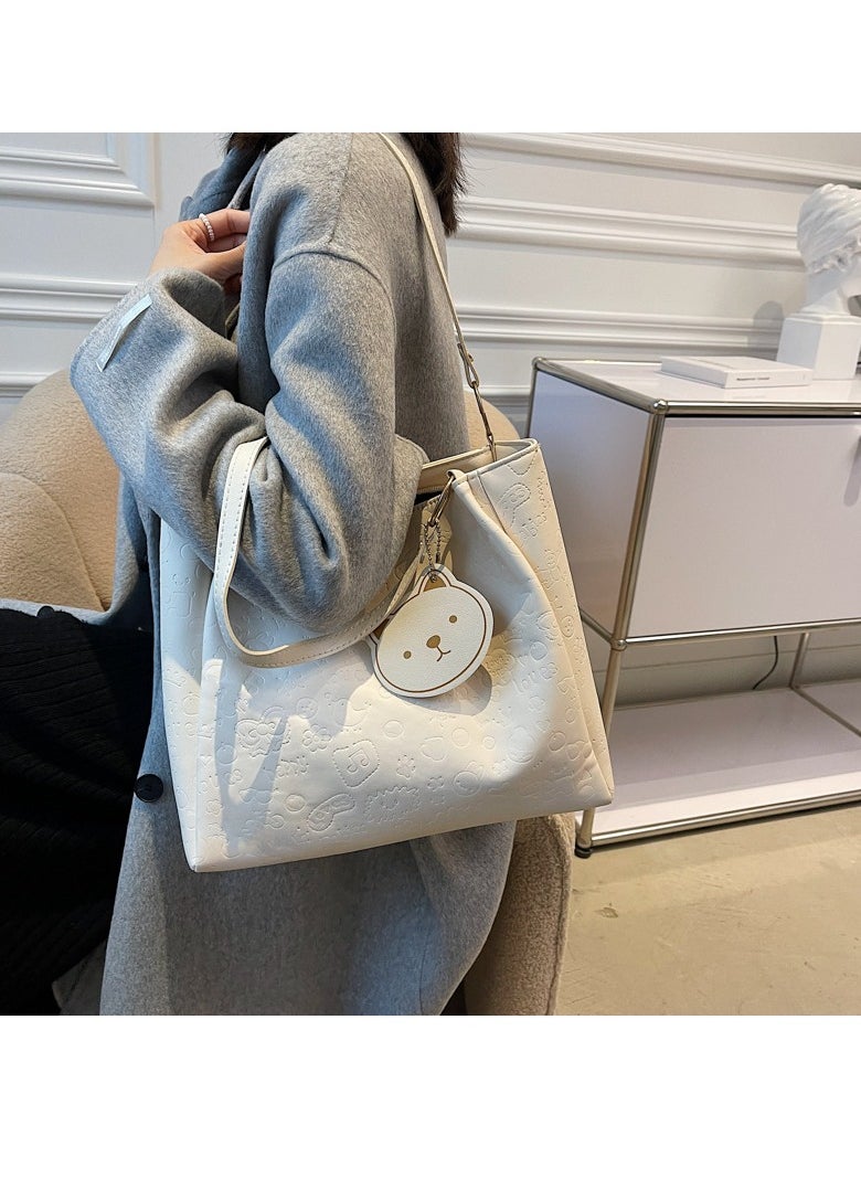 Generic Women's One Shoulder Tote Bag Imitation Leather Handbag Women's Large Capacity Bucket Bag Fashion Travel Messenger Shoulder Bag Suitable for Girls College Students (White)  - Image 4