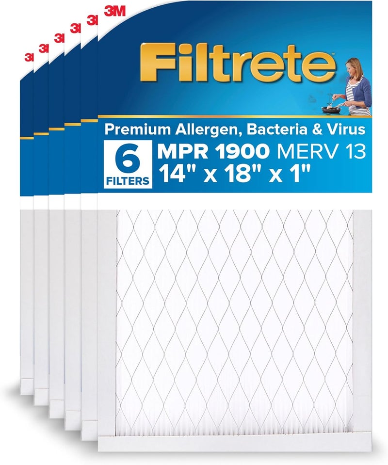 FILTRETE 14x18x1 AC Furnace Air Filter, MERV 13, MPR 1900, Premium Allergen, Bacteria & Virus Filter, 3-Month Pleated Electrostatic Air Cleaning Filter, 6-Pack (Actual Size 13.81x17.81x0.81 in) - Image 1