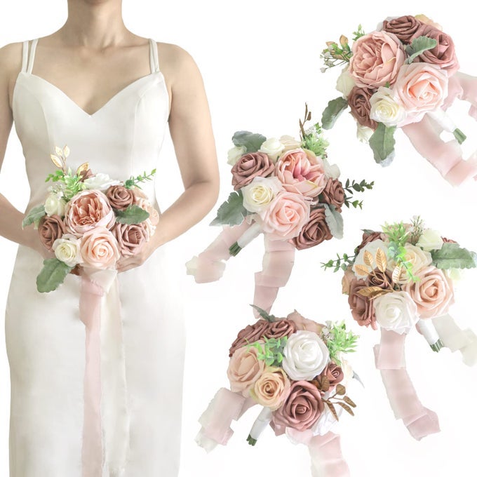 BRIDESMAID BOUQUET SET OF 4 BOHO WEDDING BOUQUET 7INCH FAKE FLOWER BOUQUET FOR BRIDE TOSSING BOUQUET FOR WEDDING CEREMONY ELEGANT DUSTY ROSE