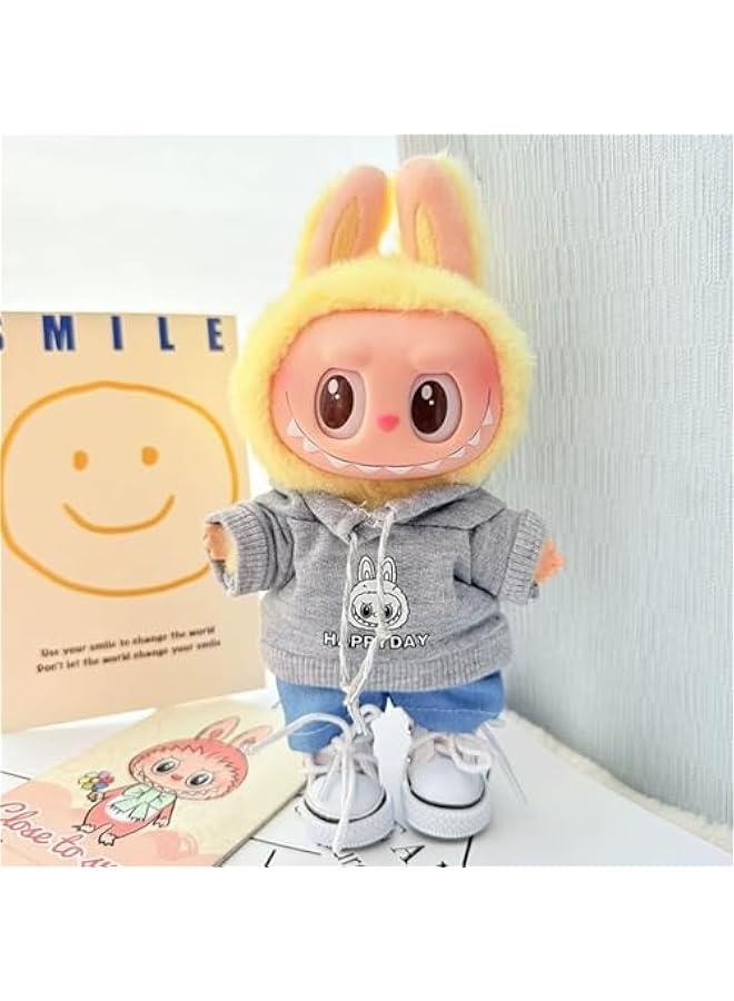 Arabest Clothes for Labubu Hoodie Clothes Accessories(No Doll), Cute Outdoor Outfit Suitable for 6.69inch (17cm) Doll Soft Clothing Replacement (Gray Sets+Shoes)