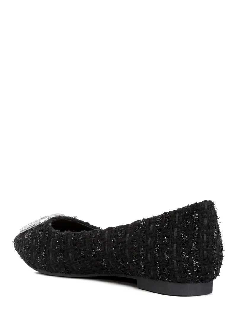 London Rag Embellished Jewel Buckle Tweed Ballet Flats in Black