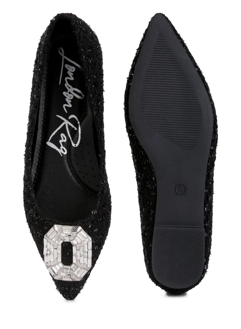 London Rag Embellished Jewel Buckle Tweed Ballet Flats in Black
